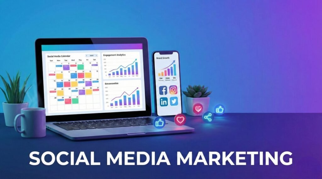 Social media marketing services showing content planning, audience engagement, and brand growth on social platforms