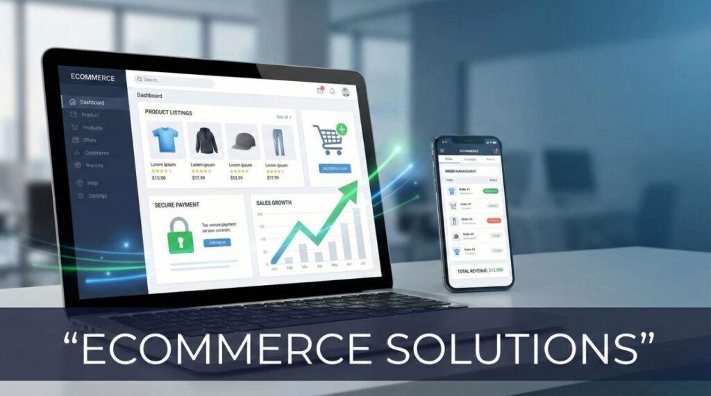 Ecommerce solutions services featuring online store development, secure payments, product management, and sales growth