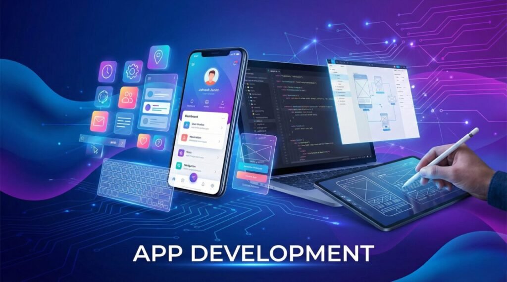 Mobile app development services with modern app UI design, smartphone interfaces, and digital solutions