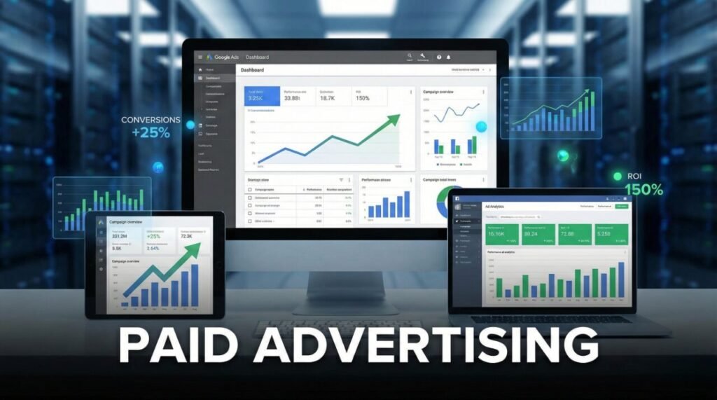 Paid advertising services showing Google Ads and social media ad campaigns with ROI and performance analytics